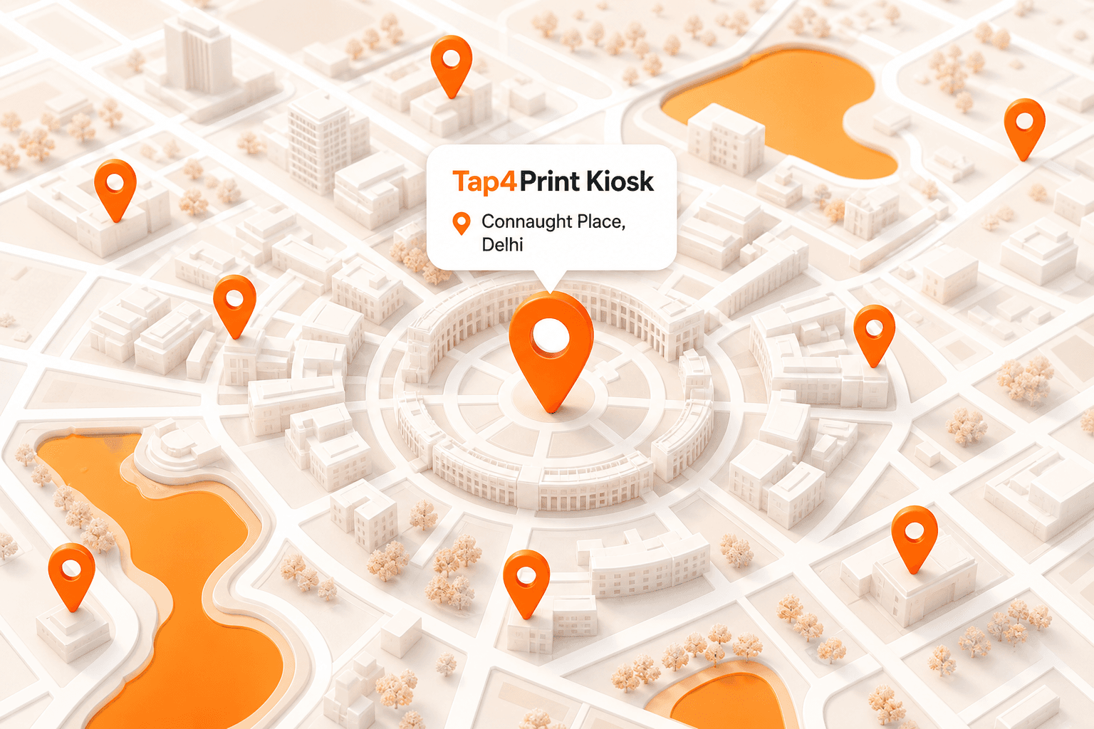 Map showing Tap4Print kiosks including Connaught Place, Delhi